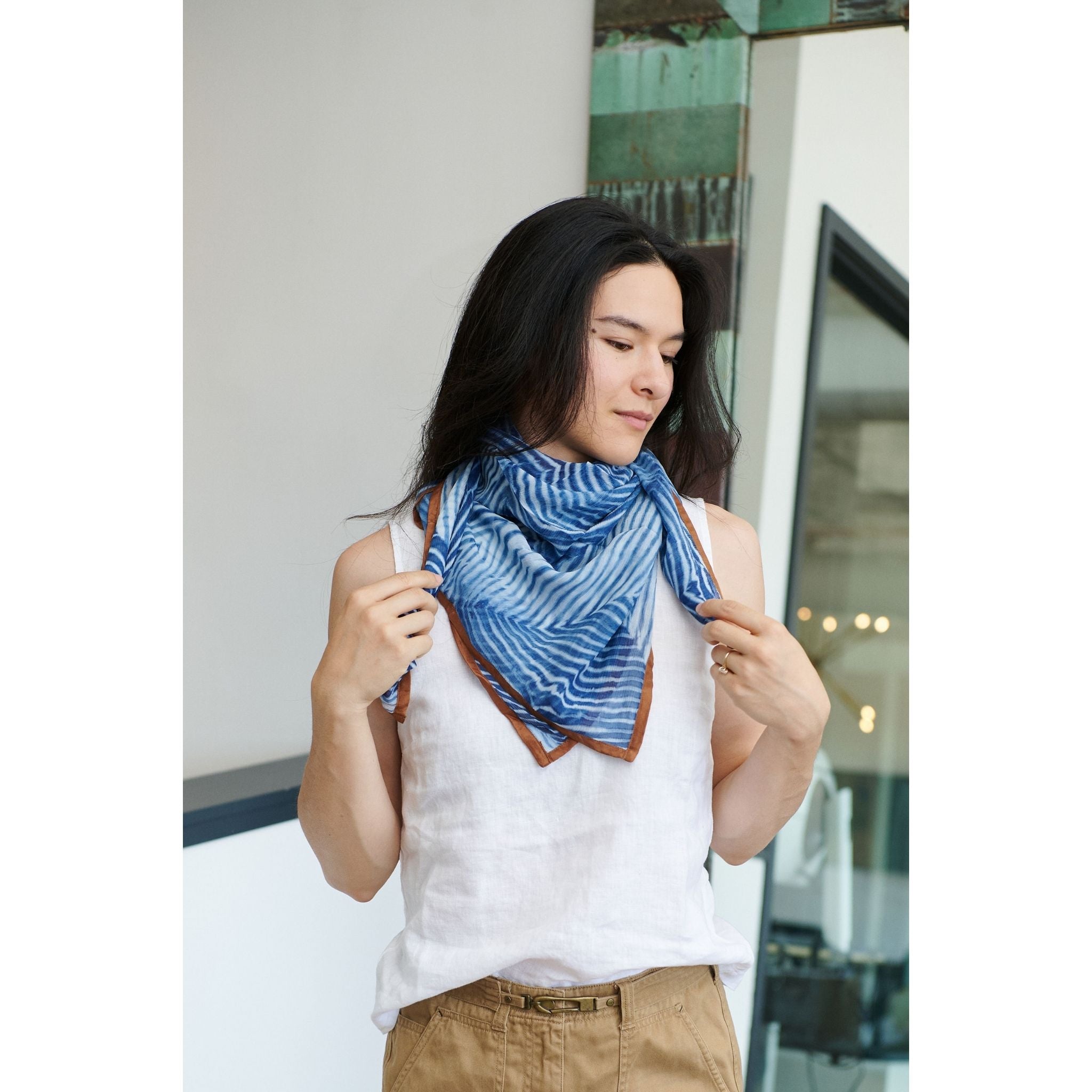 Hand Printed Silk Chiffon Scarf in Indigo Shibori Print – Variously