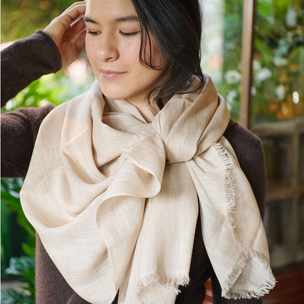 Oat Beige Neutral Hand Woven Soft Linen Silk Scarf – Variously