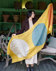 Cirq Sun Yellow Green Circle Pattern Hand Embroidered Linen Silk Handloom Scarf showcasing contemporary design and vibrant colors.