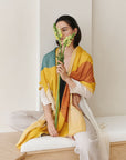 Cirq Sun Yellow Green Circle Pattern Hand Embroidered Linen Silk Handloom Scarf