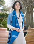 Harbor Blue Silk Merino Hand Woven Hand Embroidered Modern Artisanal Scarf worn by a model outdoors.