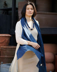 Dark Midnight Navy Solid Scarf Worn By A Model styled with an indigo silk beaded jewelry