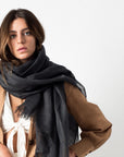 Charcoal Dark Gray Hand Woven Soft Linen Silk Blend Scarf