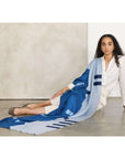 Harbor Blue Silk Merino Hand Woven Hand Embroidered Modern Artisanal Scarf styled elegantly on a model.