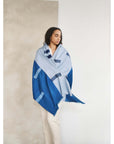 Harbor Blue Silk Merino Hand Woven Hand Embroidered Modern Artisanal Scarf styled elegantly by a model.