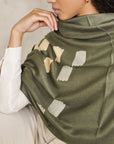 Sahara Olive Green Silk Merino Hand Woven Hand Embroidered Scarf