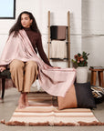 Silica Rose In Shades of Salmon Pink Gray Stripes Pattern Soft Handwoven Merino Throw