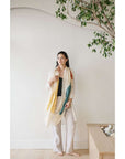 Cirq Moon Off White Multi Color Circle Pattern Hand Embroidered Linen Silk Handloom Scarf worn by model in a stylish setting.
