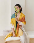 Cirq Sun Yellow Green Circle Pattern Hand Embroidered Linen Silk Handloom Scarf worn by model with flowers.