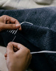 Creating the Ink Black White Ombre Textured Throw In Hand Spun Merino And Hand Stitched Hem.