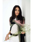 Iris Kiwi Green Pink Cashmere Merino Handwoven Scarf styled with floral accent.