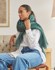 Moss Dark Green Soft Linen Silk Handwoven Modern Artisanal Scarf