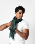Moss Dark Green Soft Linen Silk Handwoven Modern Artisanal Scarf