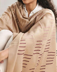 Maple Beige Handwoven Hand Embroidered Classic Scarf draped elegantly on a model, showcasing artisan embroidery.