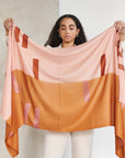 Canyon Hand Embroidered Hand Woven Merino Silk Soft Scarf displayed by a model, showcasing artisanal craftsmanship.