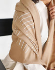 Maple Beige Handwoven Hand Embroidered Classic Scarf styled elegantly by a model.