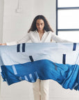 Harbor Blue Silk Merino Hand Woven Hand Embroidered Modern Artisanal Scarf displayed elegantly.