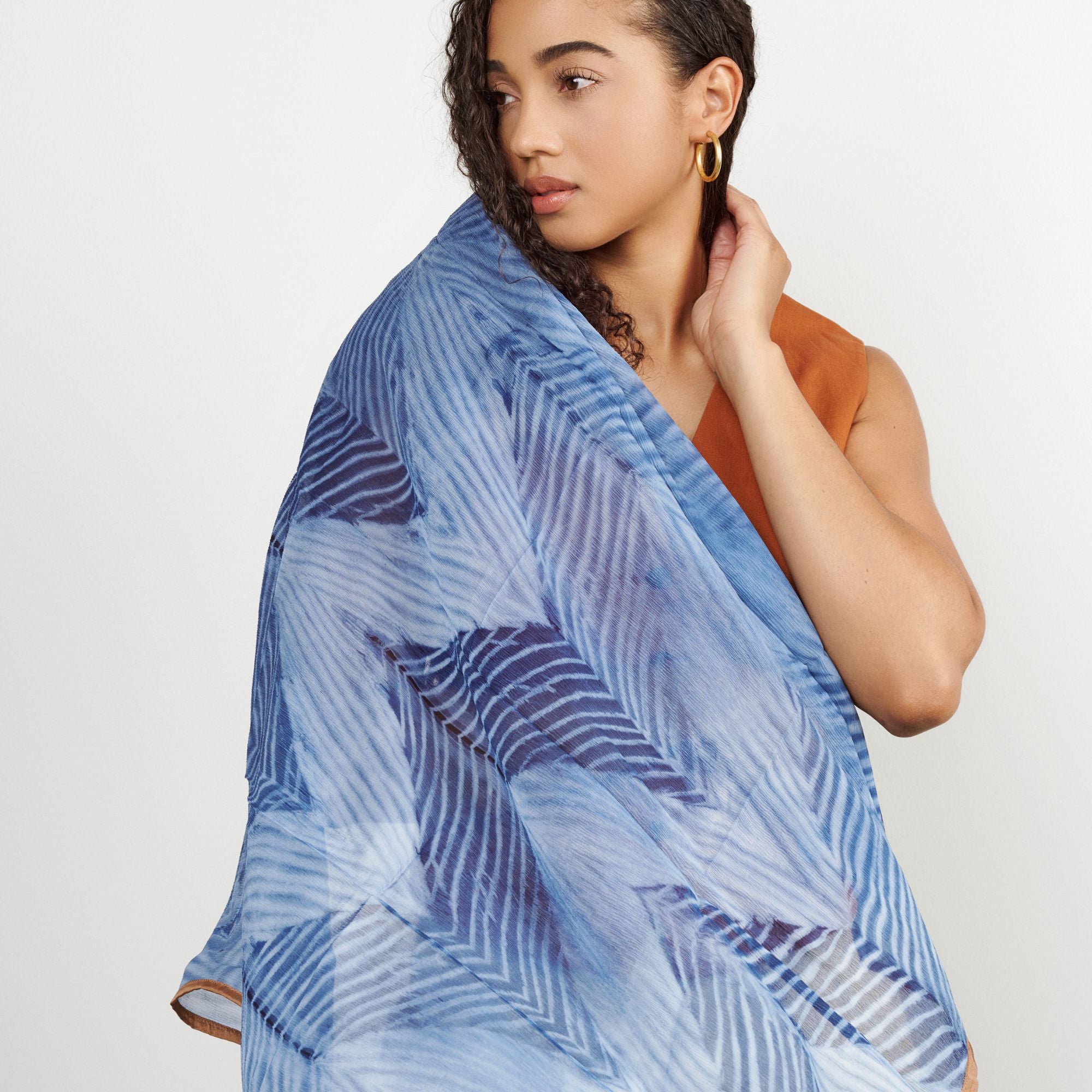 Hand Printed Silk Chiffon Scarf in Indigo Shibori Print
