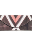 Tisa Artisanal Pouch In Black Pink Triangle Print with geometric pattern in shades of black and pink.