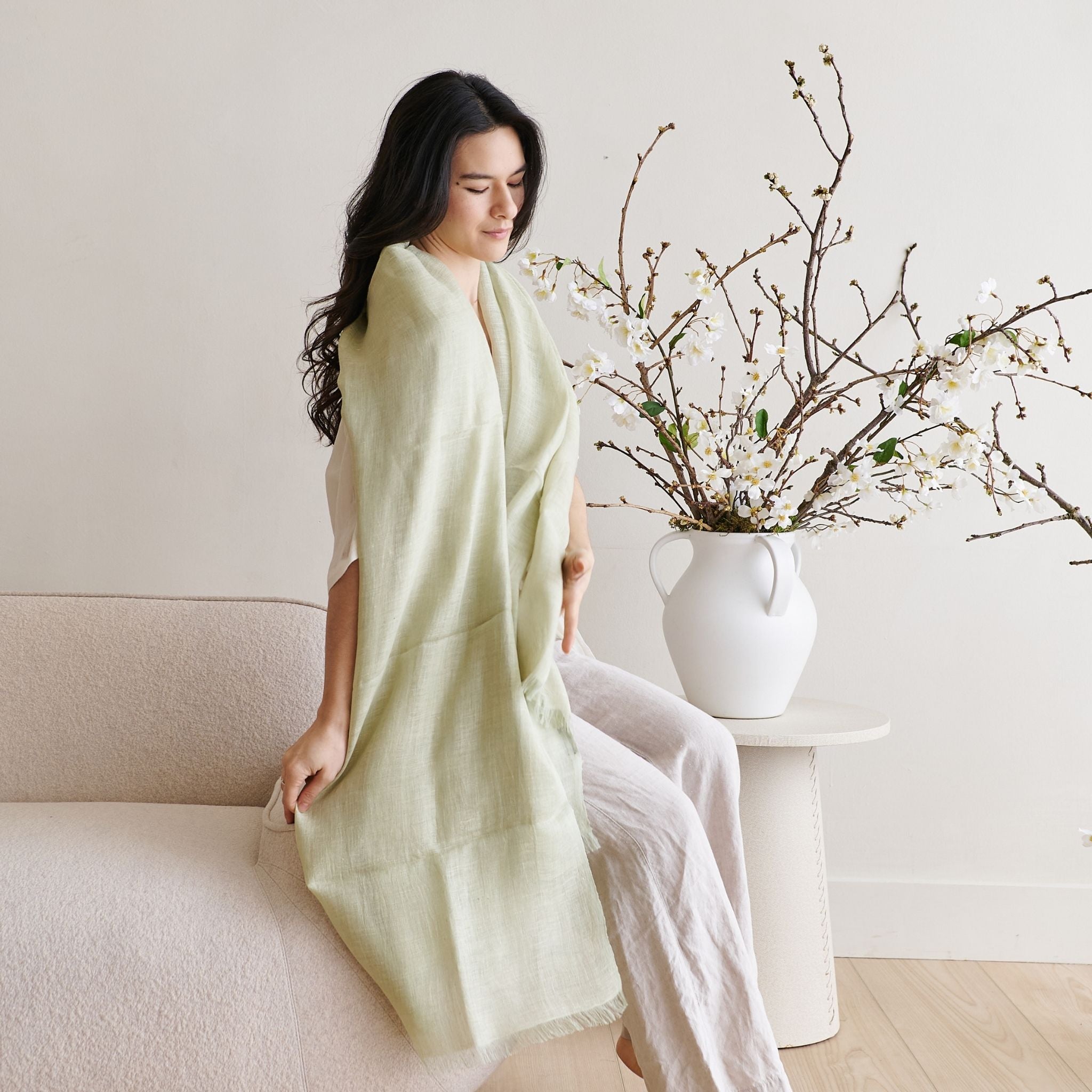 Soya Pastel Lime Green Hand Woven Soft Linen Scarf – Variously