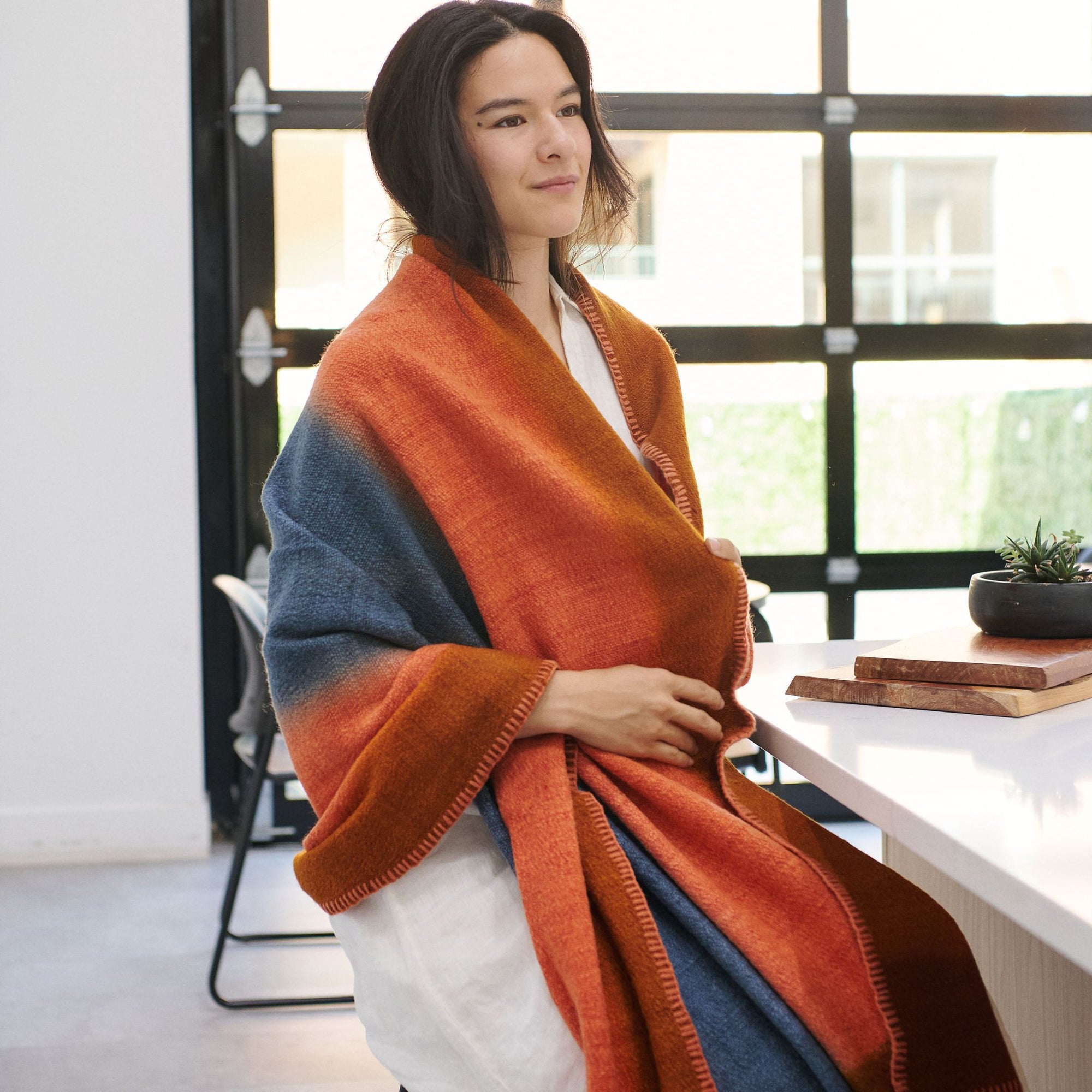 Ember Apricot In Orange and Blue Shades ,  Handwoven Merino Throw Blanket