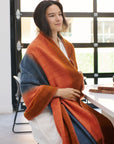 Ember Apricot In Orange and Blue Shades ,  Handwoven Merino Throw Blanket