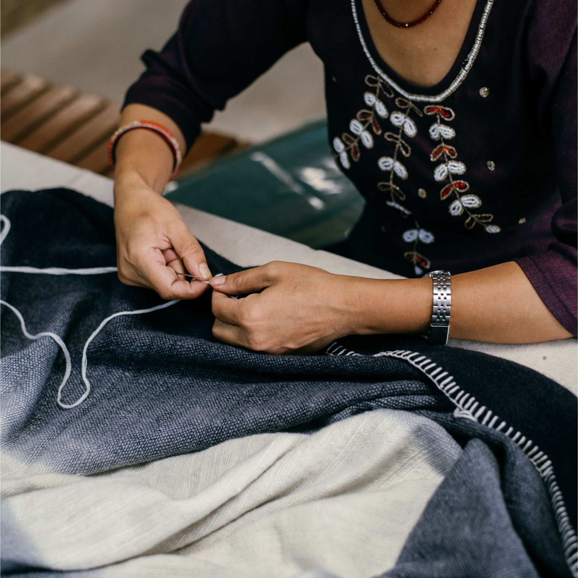 Ink Black White Ombre Textured Throw  In Hand Spun Merino And Hand Stitched Hem