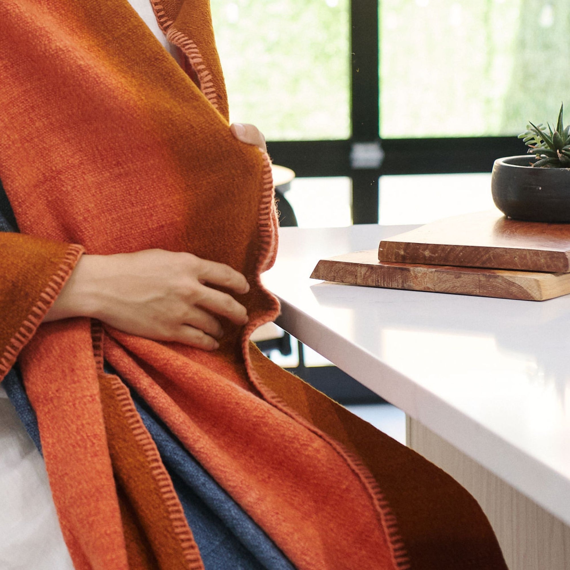 Ember Apricot In Orange and Blue Shades ,  Handwoven Merino Throw Blanket