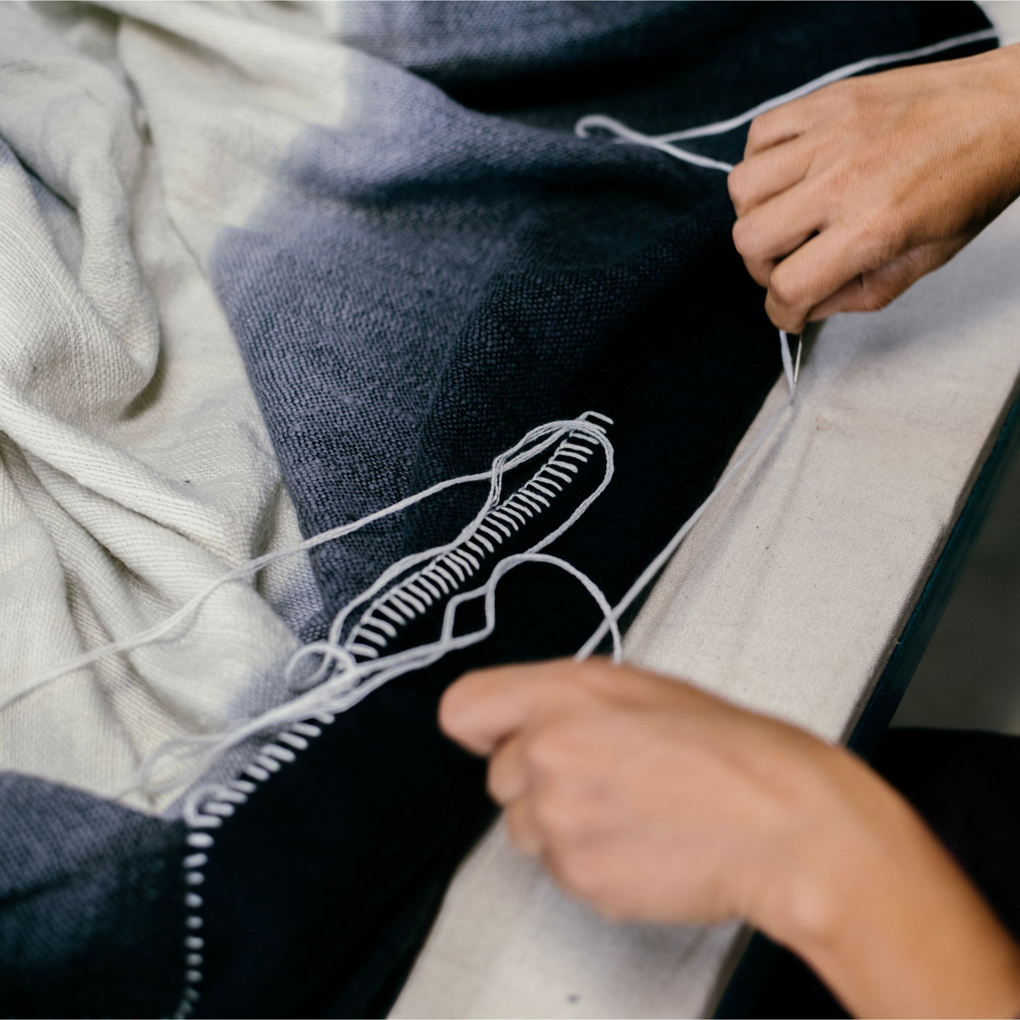 Ink Black White Ombre Textured Throw  In Hand Spun Merino And Hand Stitched Hem