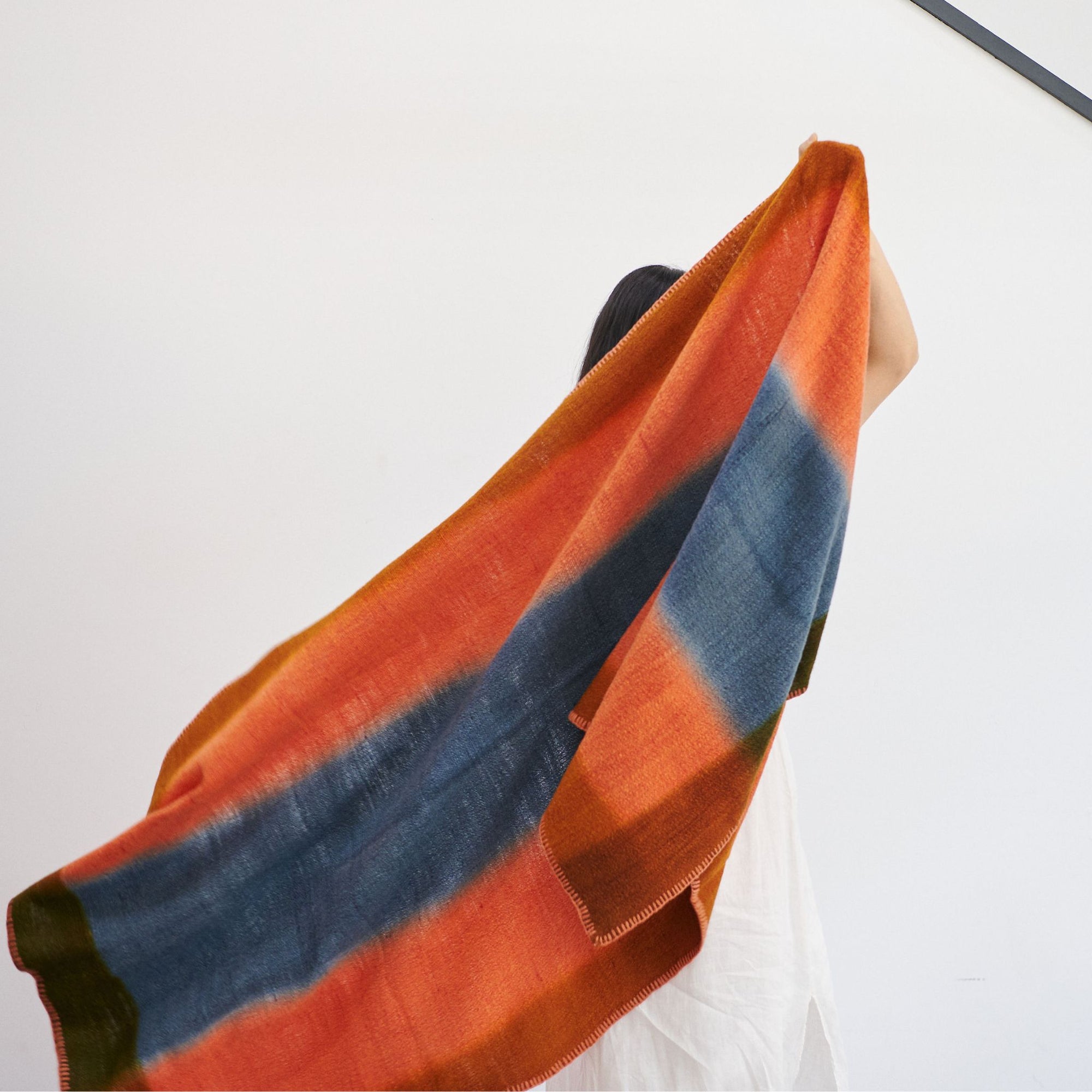 Ember Apricot In Orange and Blue Shades ,  Handwoven Merino Throw Blanket