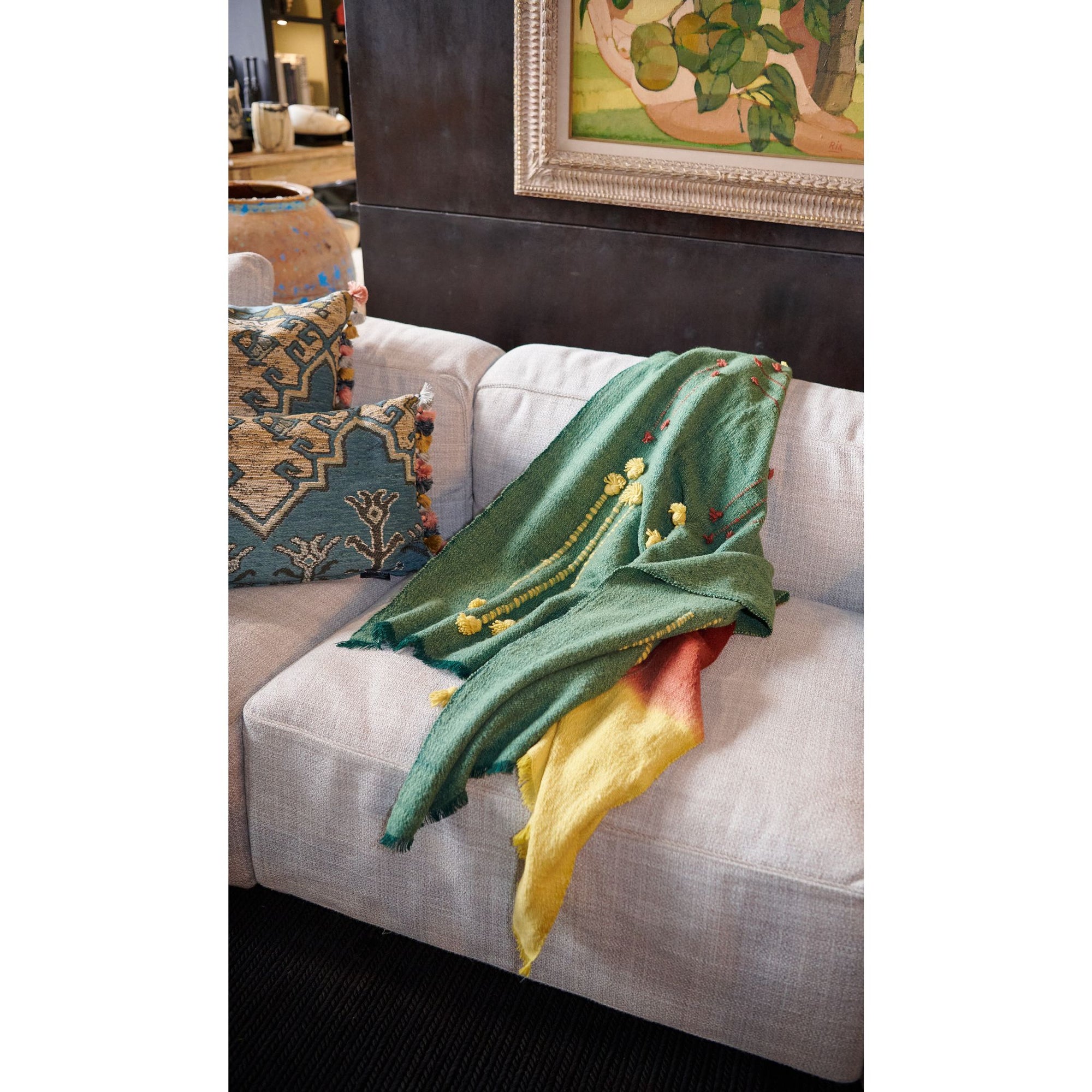 Handwoven Textured Avocado Green Merino Wool Throw Blanket