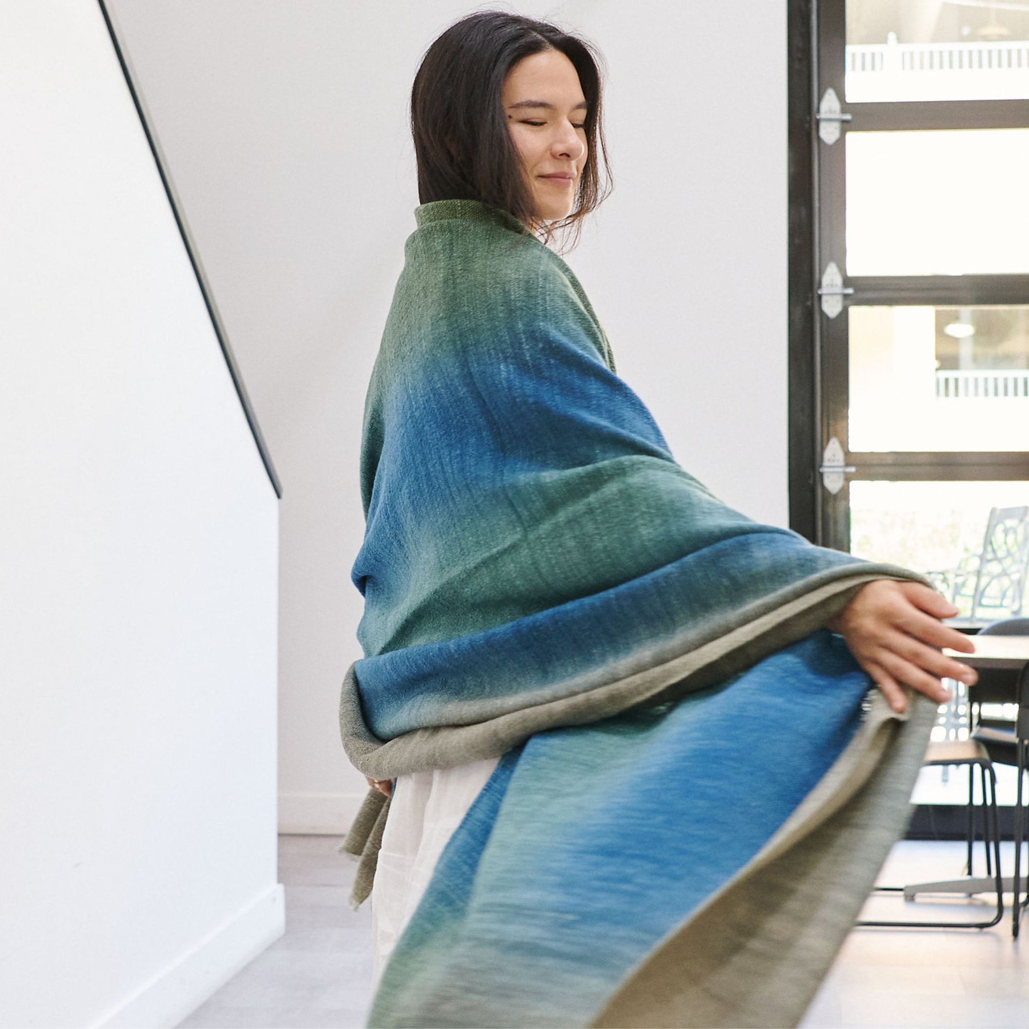 Lake Moss Handwoven Merino Throw Blanket in Serene Shades of Blue Green