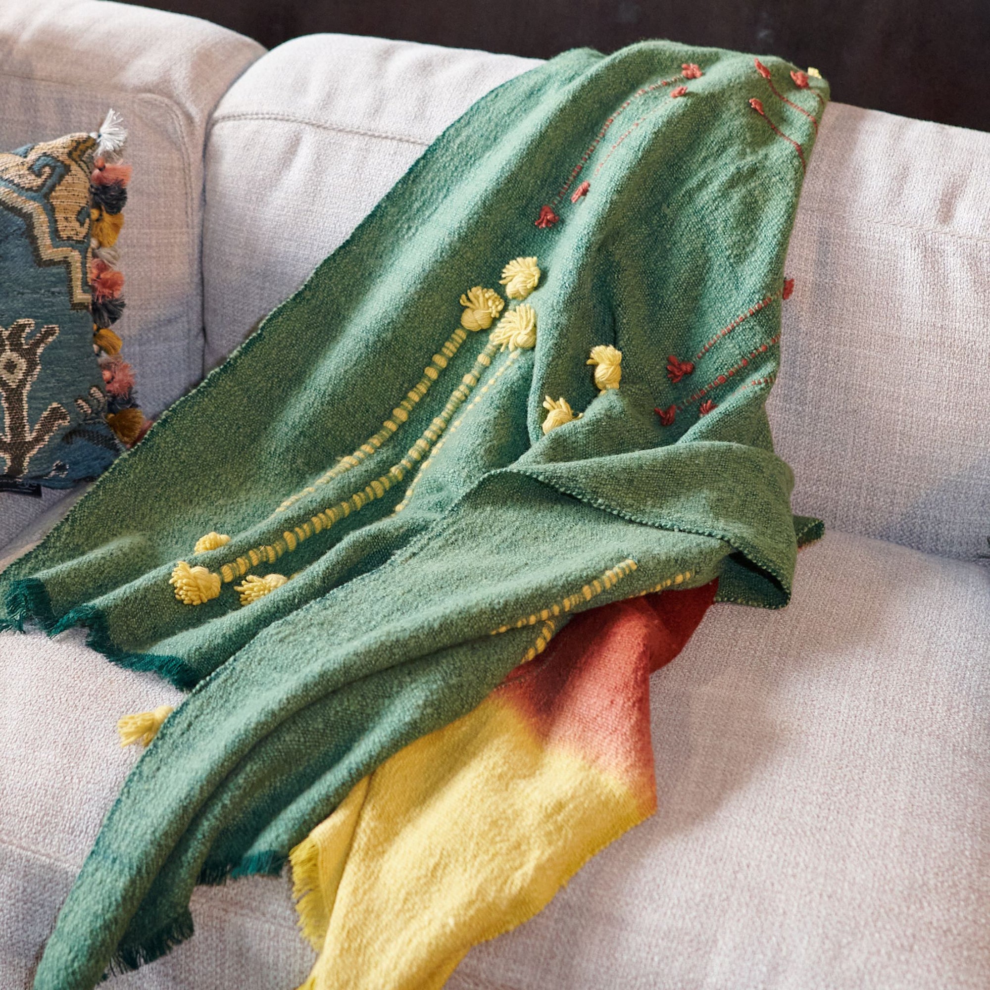 Handwoven Textured Avocado Green Merino Wool Throw Blanket
