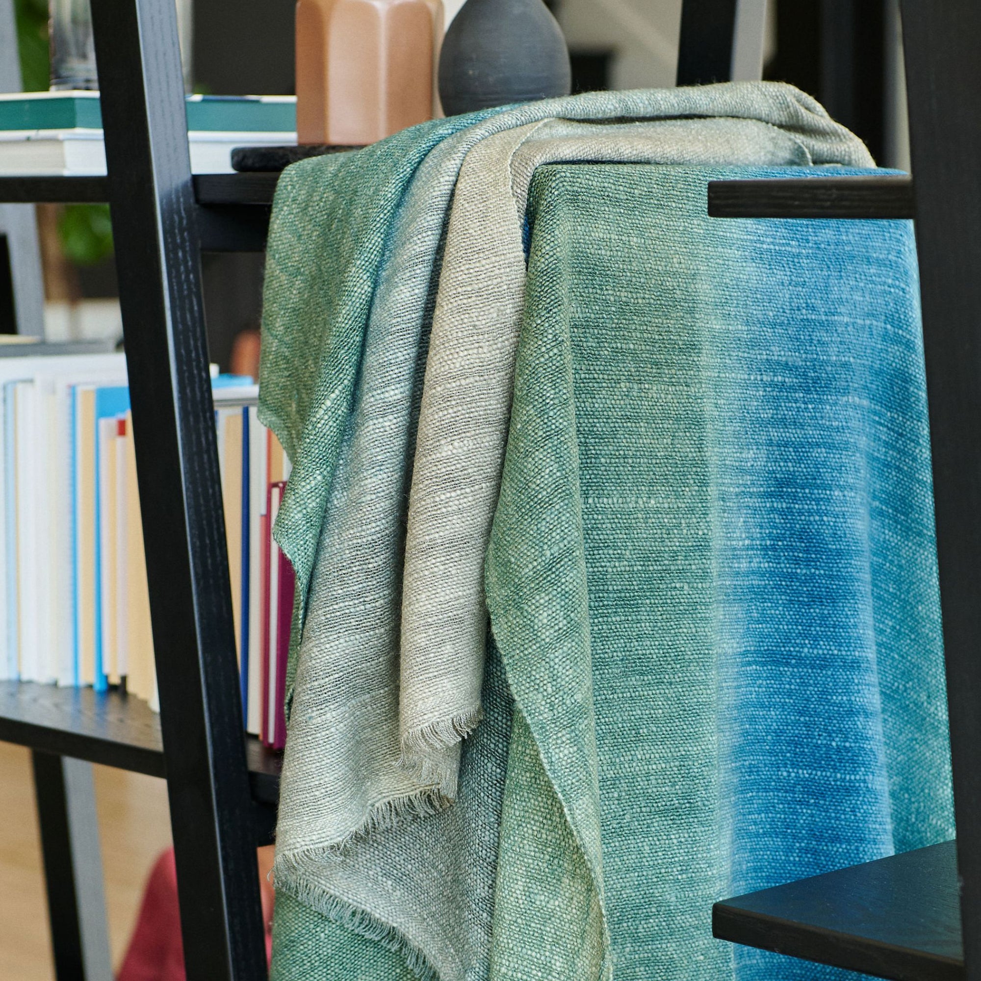 Lake Moss Handwoven Merino Throw Blanket in Serene Shades of Blue Green