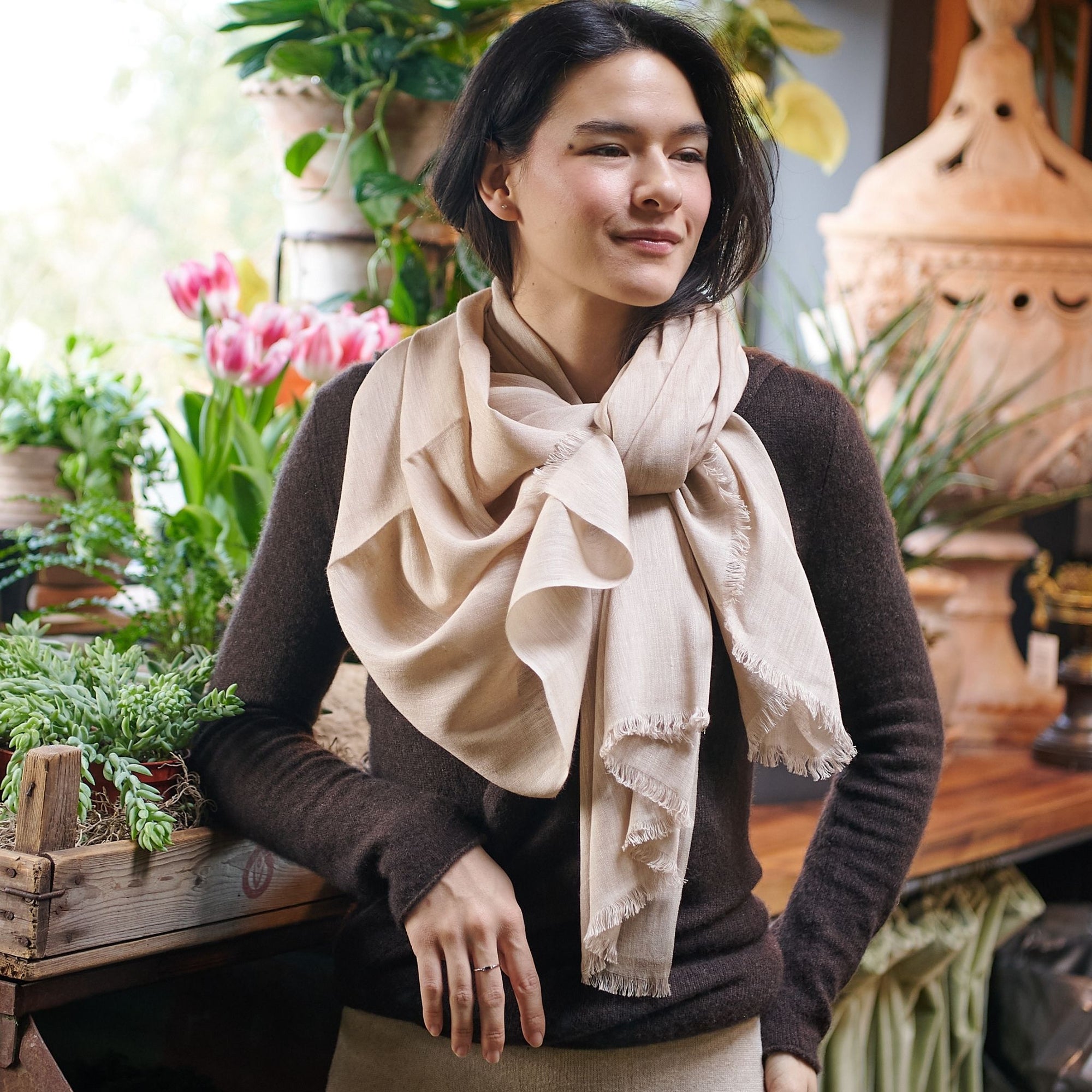 Oat Beige Neutral Hand Woven Soft Linen Silk Scarf