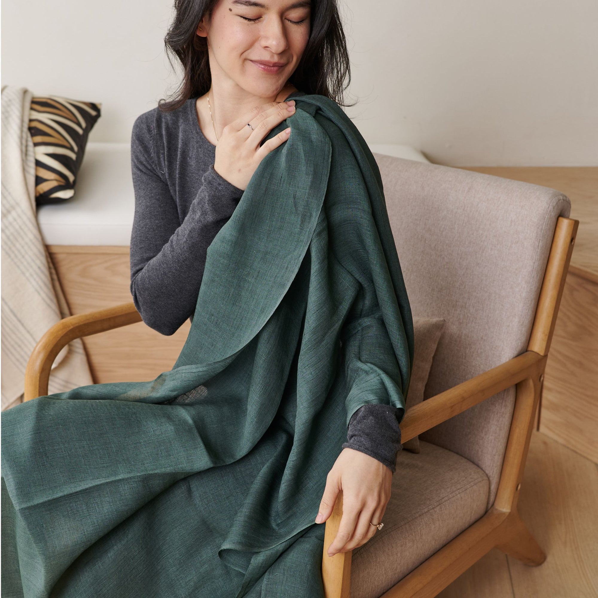 Moss Dark Green Soft Linen Silk Handwoven Modern Artisanal Scarf