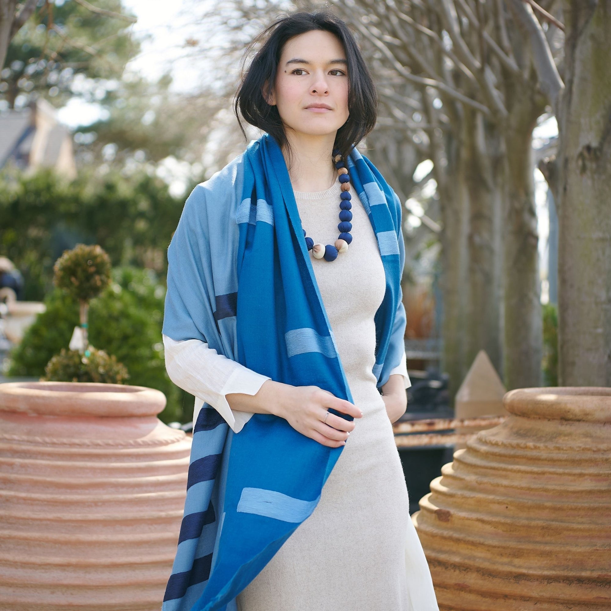 Harbor Blue Hand Embroidered Classic Modern Scarf Styled with Indigo Silk Beaded Jewelry 