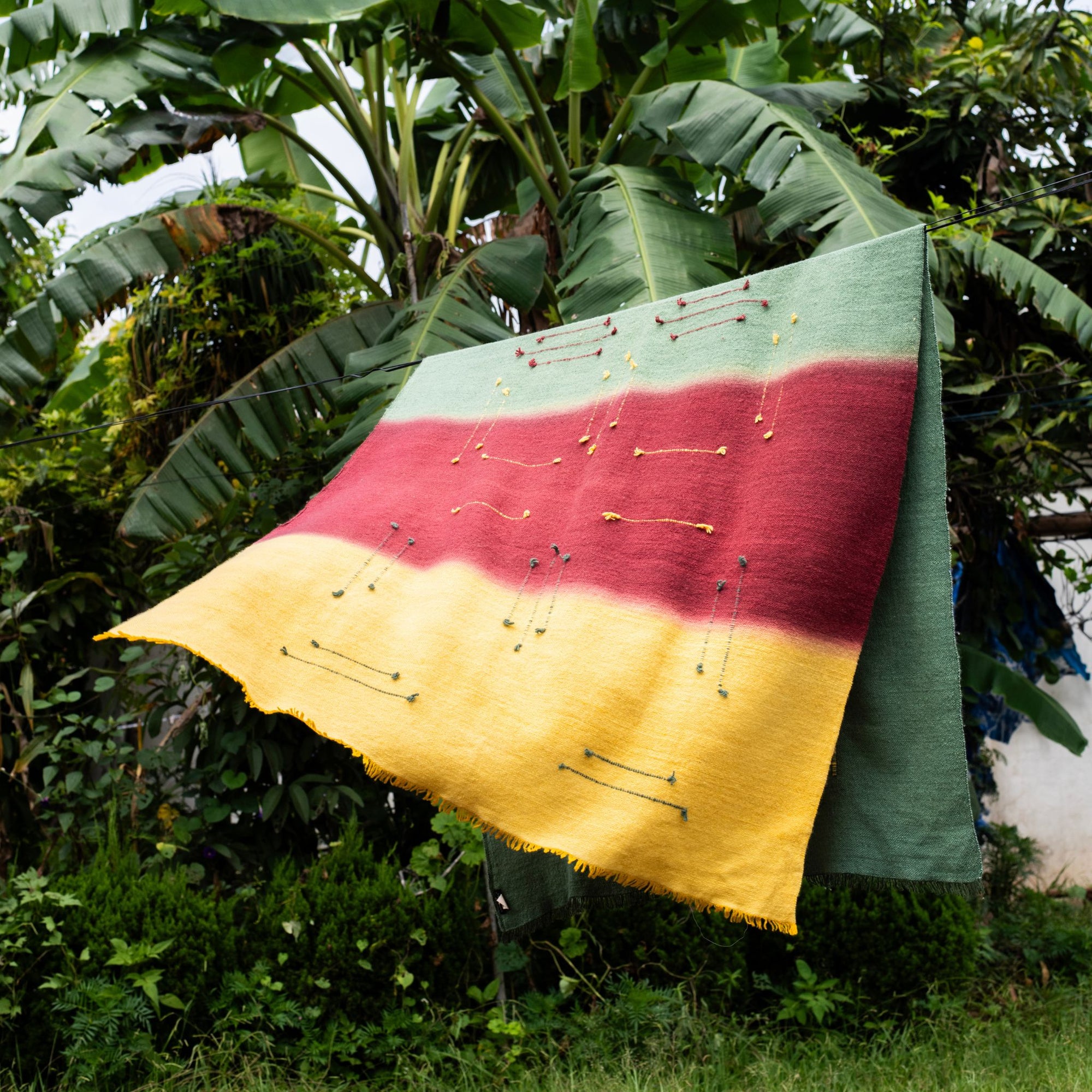 Avocado Green Multi Color Warm Hues Hand Woven Hand Knotted Textured Merino Throw