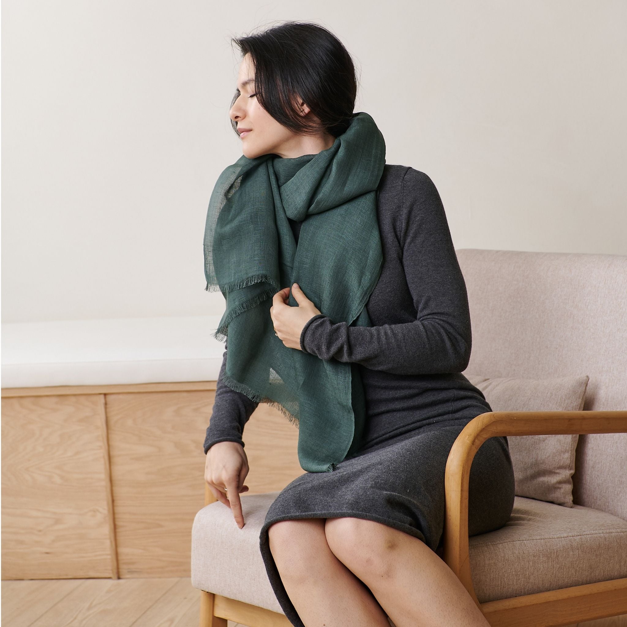 Moss Dark Green Soft Linen Silk Handwoven Artisanal Scarf – Variously