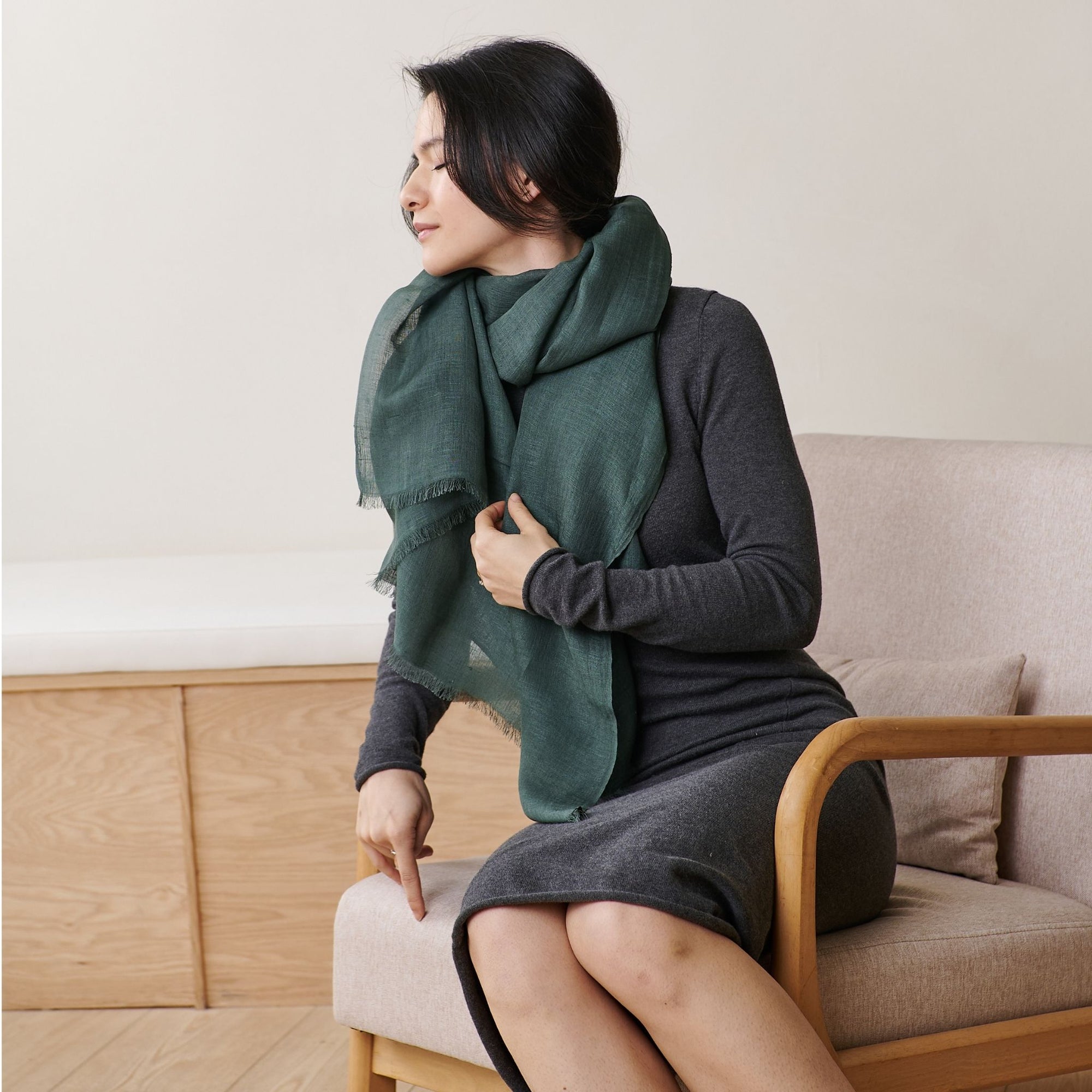 Moss Dark Green Soft Linen Silk Handwoven Modern Artisanal Scarf