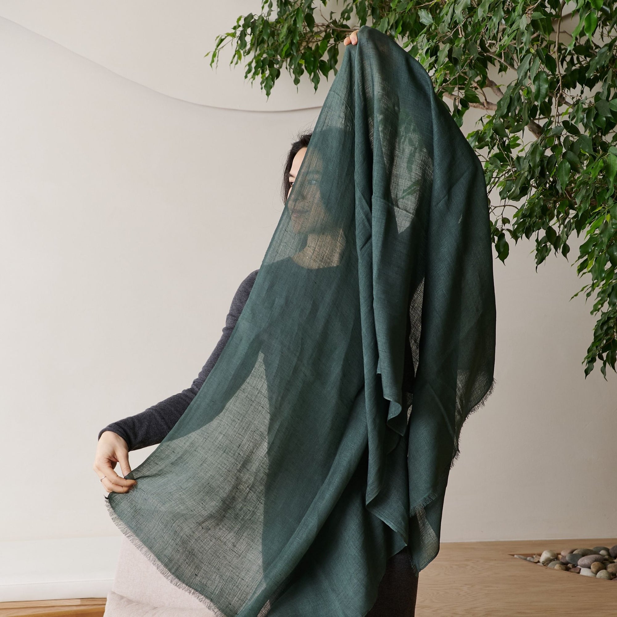 Moss Dark Green Soft Linen Silk Handwoven Modern Artisanal Scarf