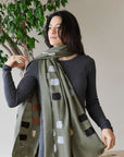 Sahara Olive Green Silk Merino Hand Woven Hand Embroidered Scarf