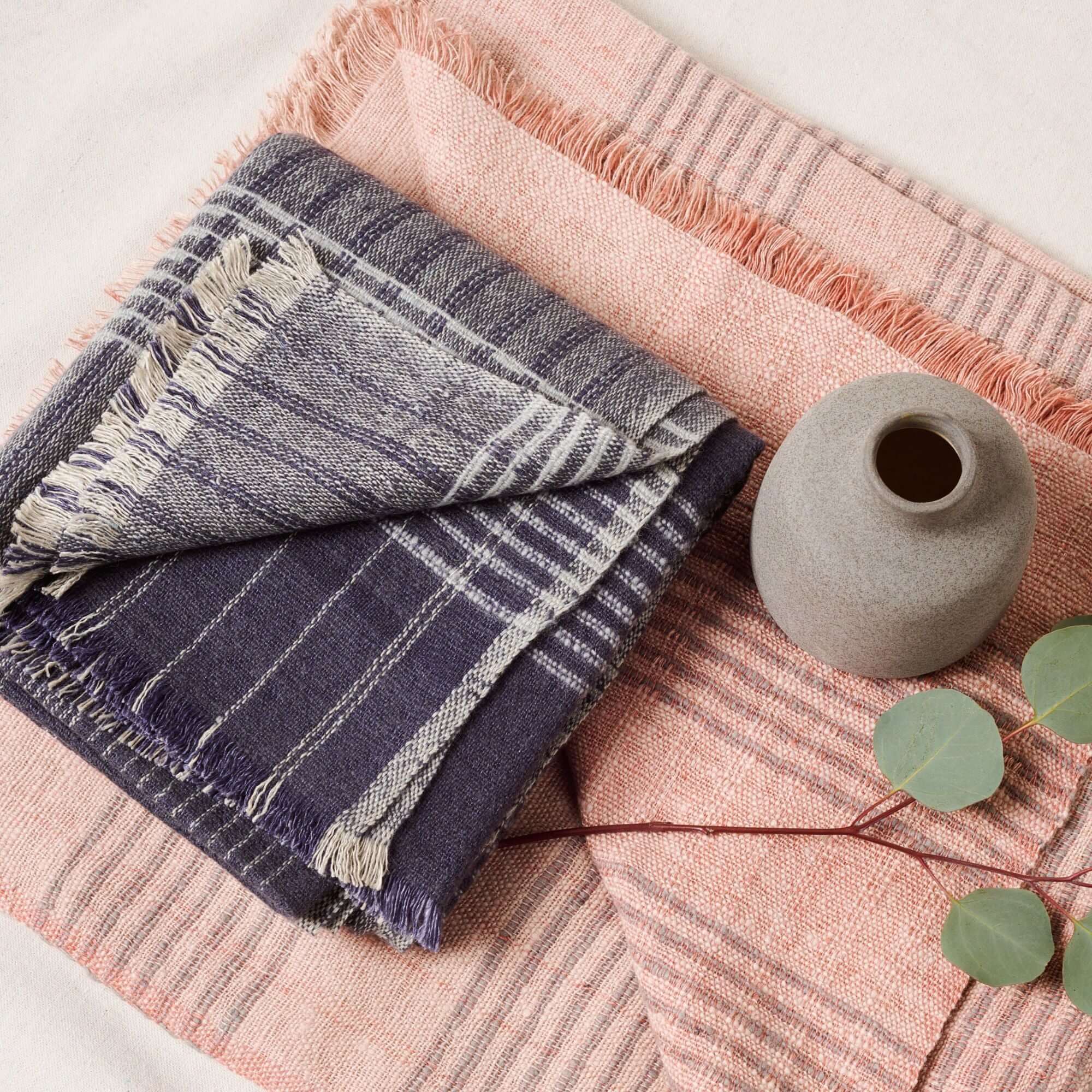 Alloy Dark Blue Stripes Pattern Merino Linen Handloom Throw – Variously