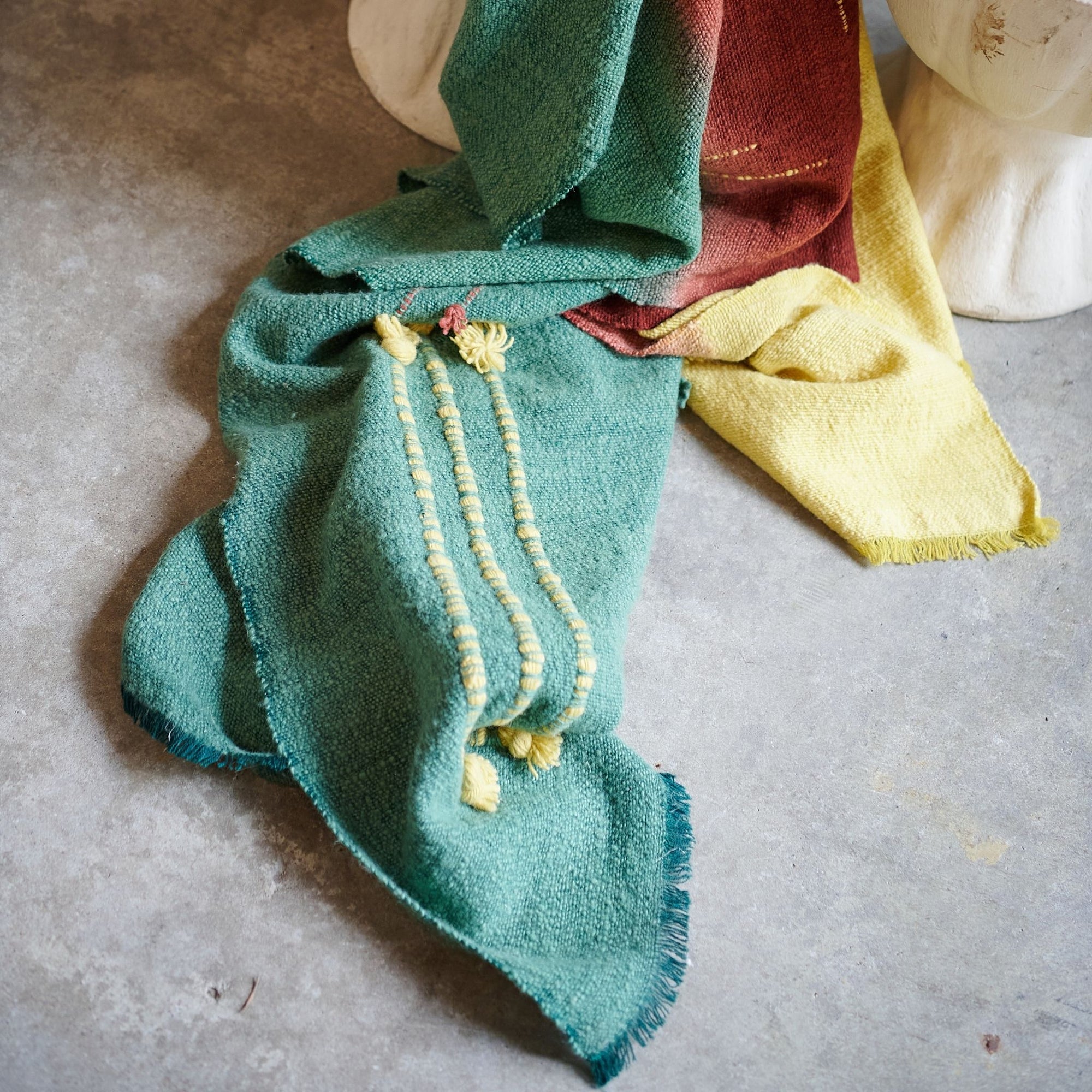 Avocado Green Multi Color Warm Hues Hand Woven Hand Knotted Textured Merino Throw