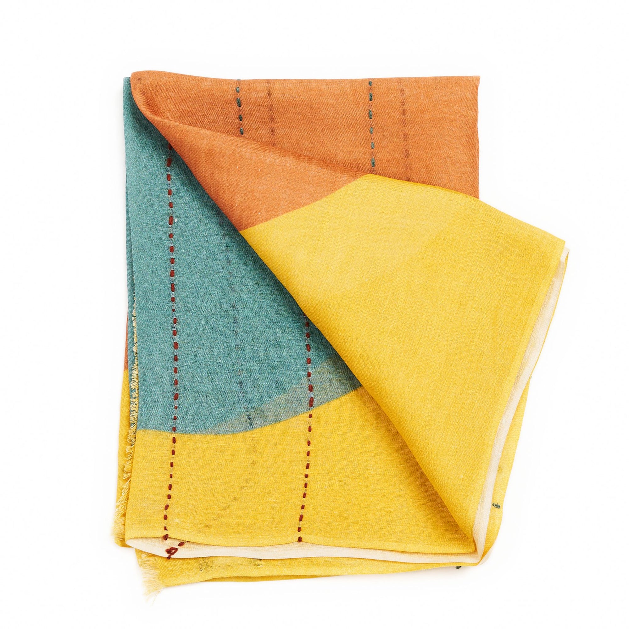 Cirq Sun Yellow Green Circle Pattern Hand Embroidered  Linen Silk Handloom Scarf