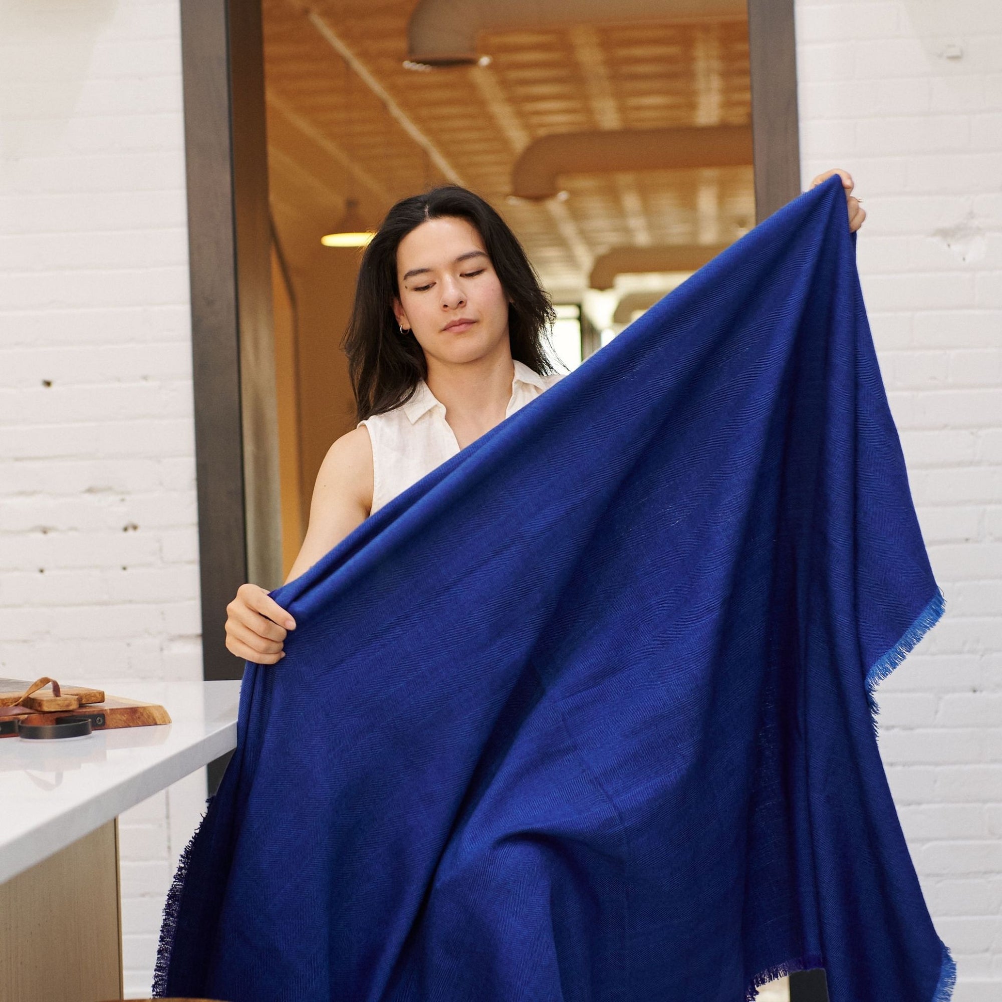 Cobalt Blue Herringbone Plush Soft Merino Handwoven Throw By Variously  fully opened up 