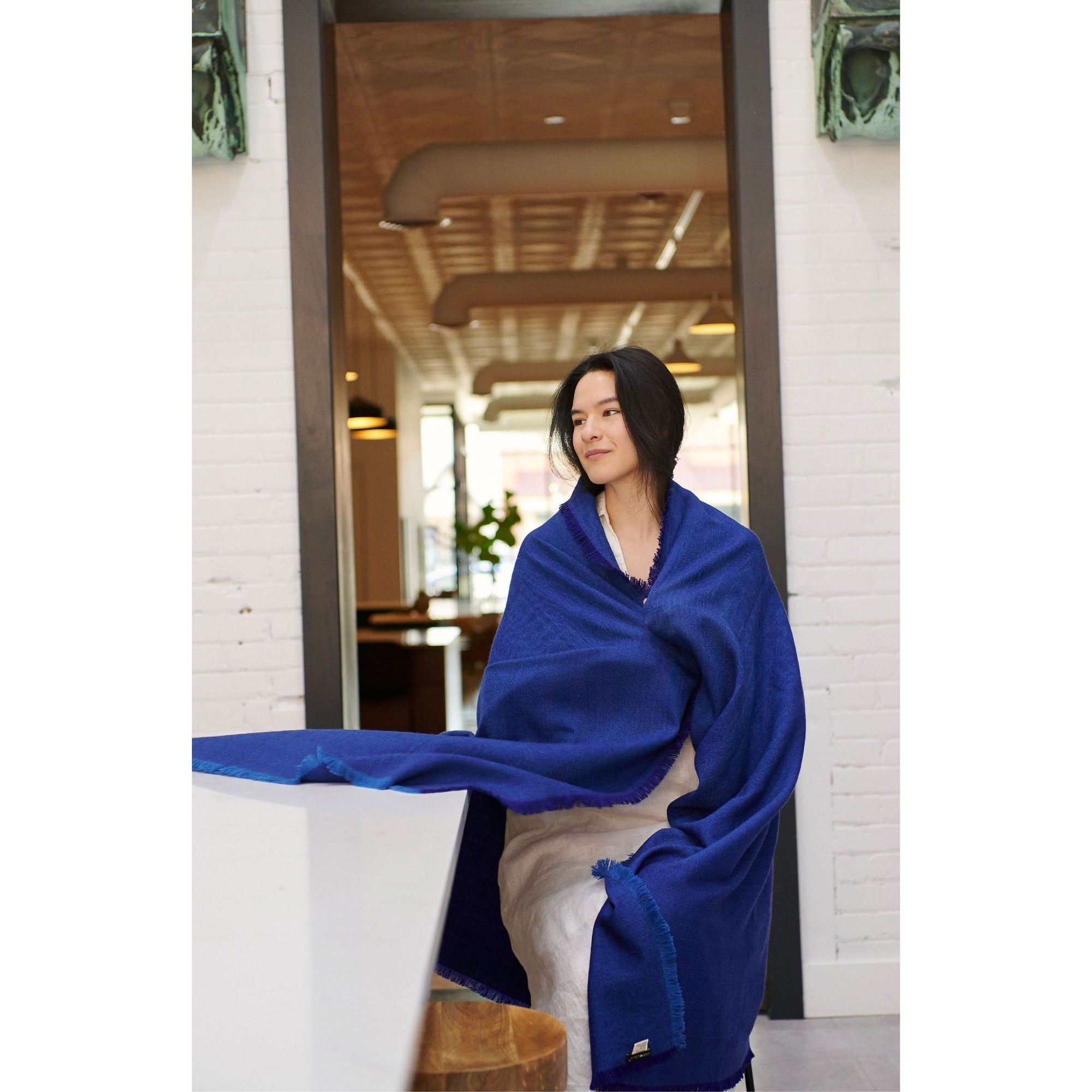 Cobalt Blue Herringbone Plush Soft Merino Handwoven Throw   By Variously  