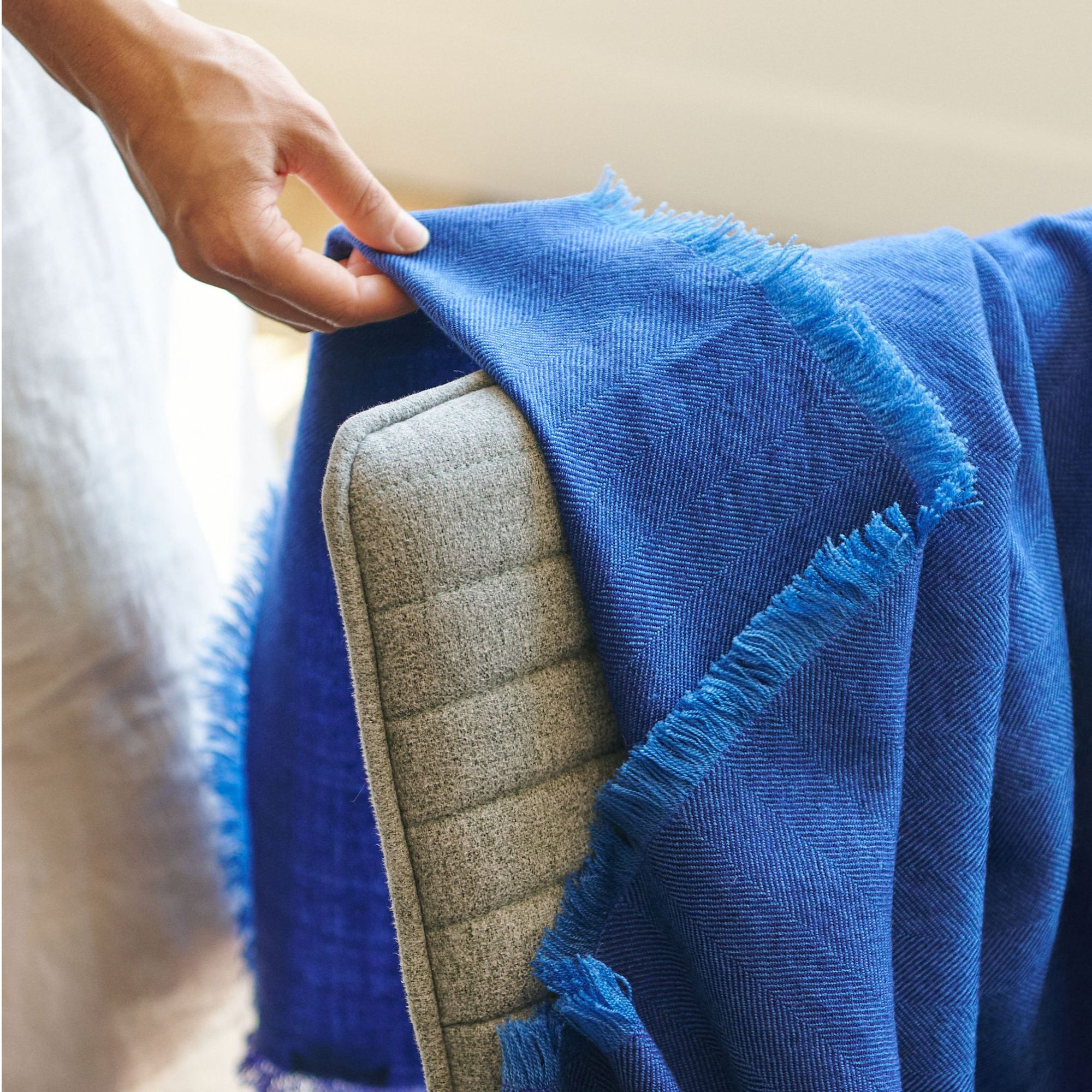 Detail of Cobalt Blue Herringbone Plush Soft Merino Handwoven Throw  By Variously  