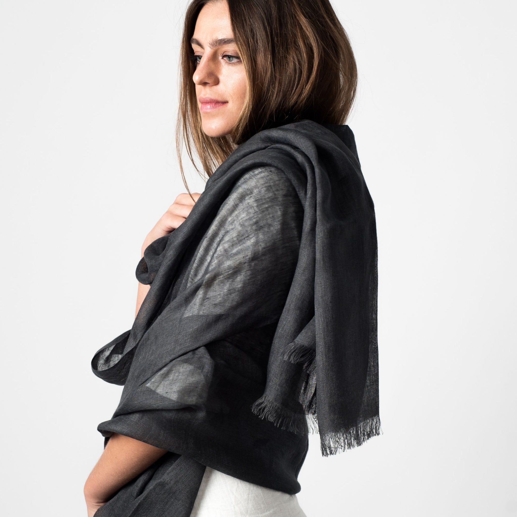 Charcoal Dark Gray Hand Woven Soft Linen Silk Blend Scarf