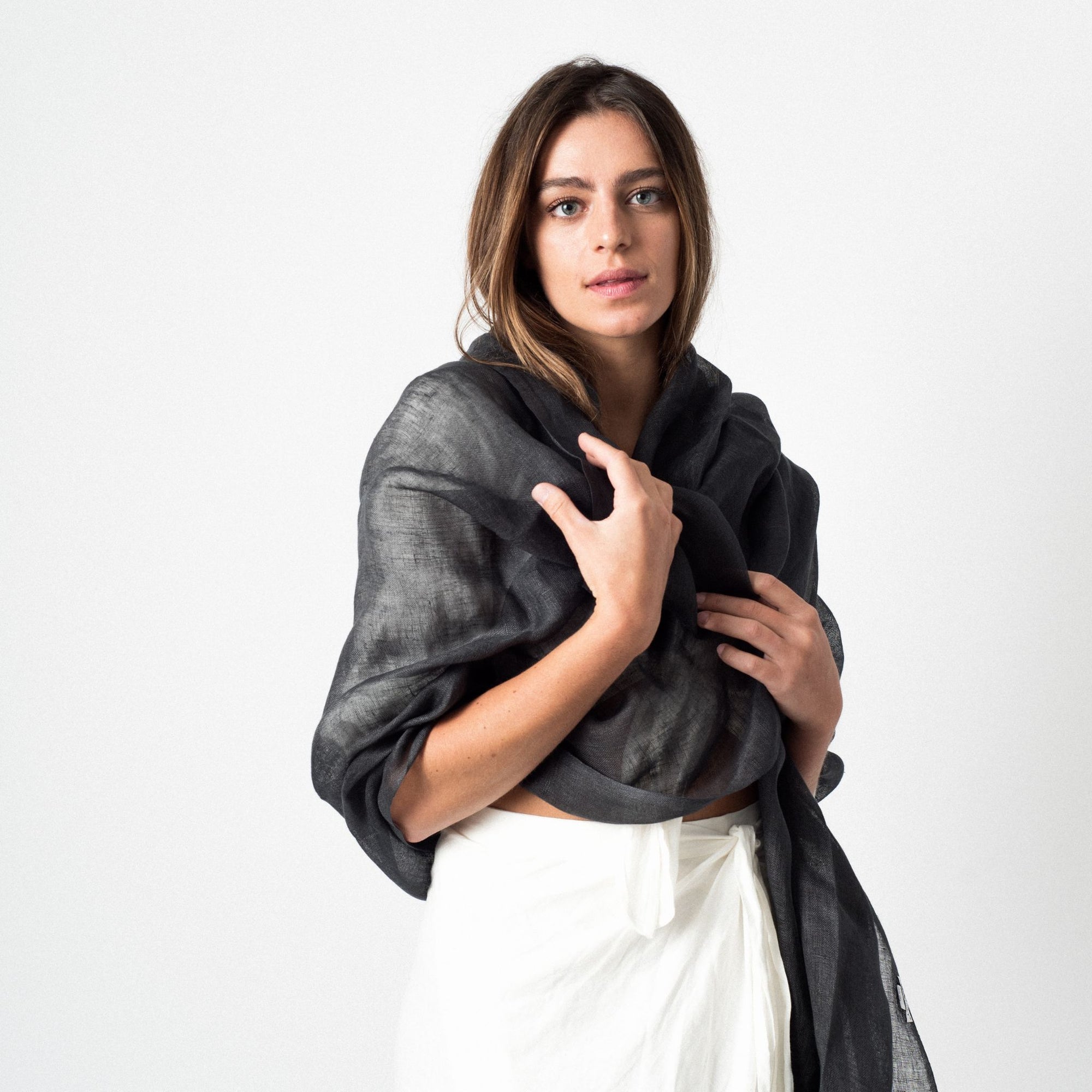 Charcoal Dark Gray Hand Woven Soft Linen Silk Blend Scarf